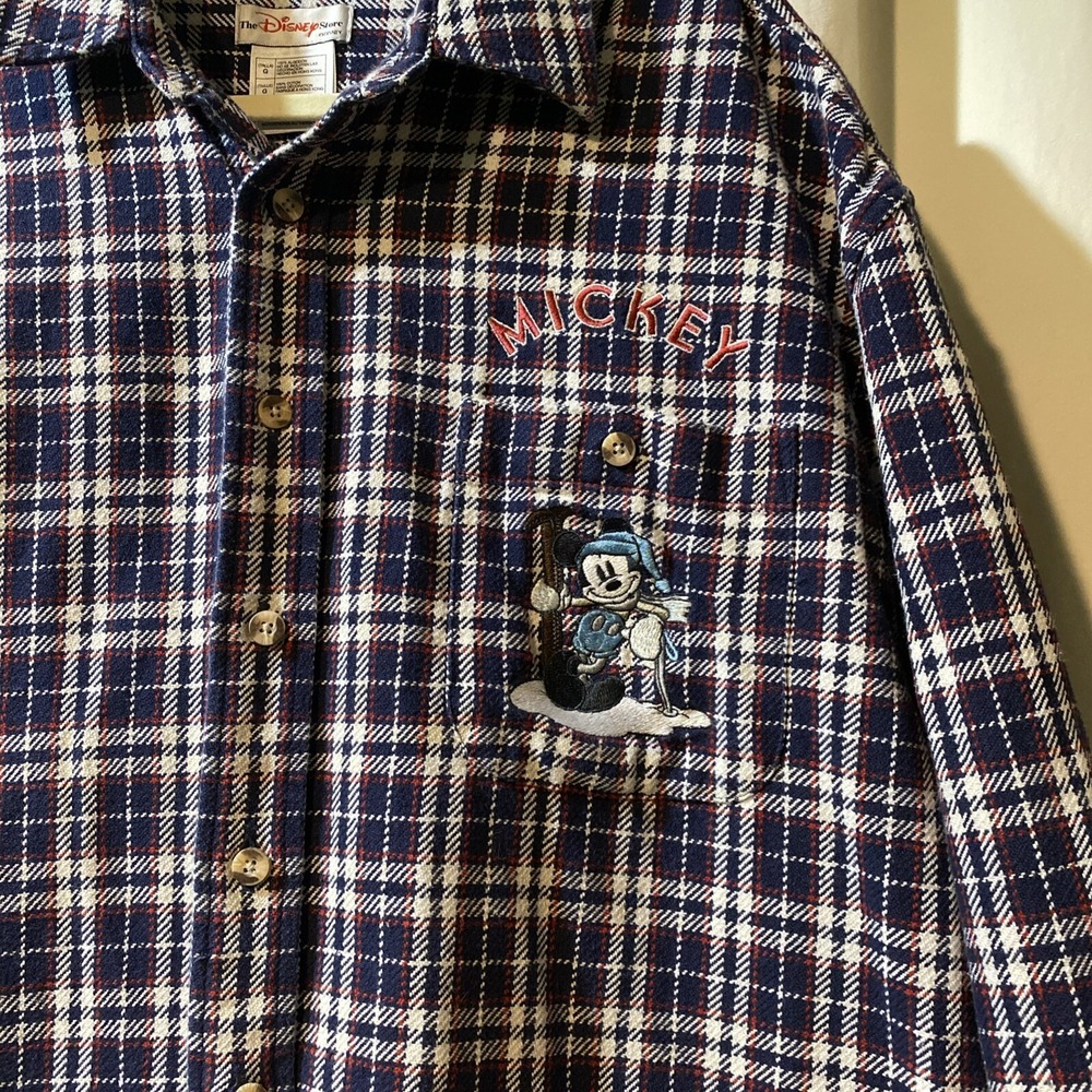 Vtg Disney Mickey Ski Lodge Heavy Blue Plaid Flannel Button Cotton Shirt  Large